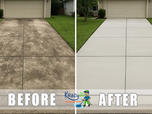 Driveways before and after KrazyJo pressure wash